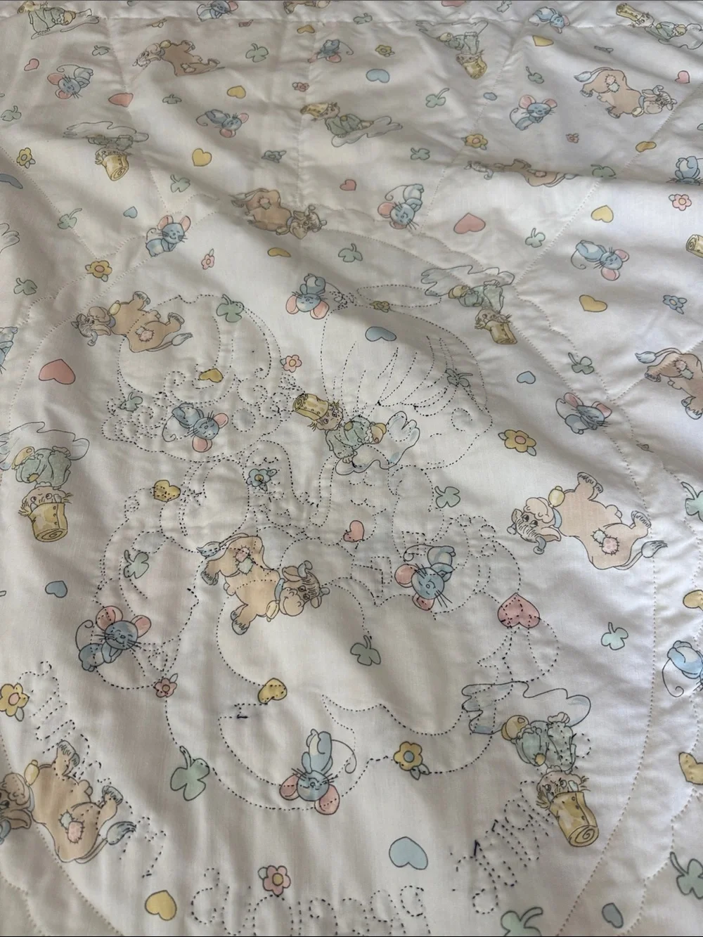 Vintage Precious Moments Quilted Baby Blanket with Ruffle Trim approx 50inX34in